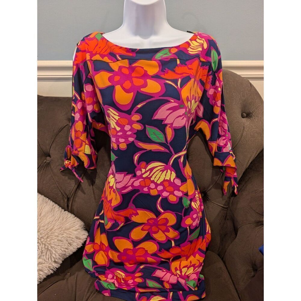 Trina by TRINA TURK Vinet Mini Dress Floral 3/4 Tie Sleeve Size L $178 BNWT